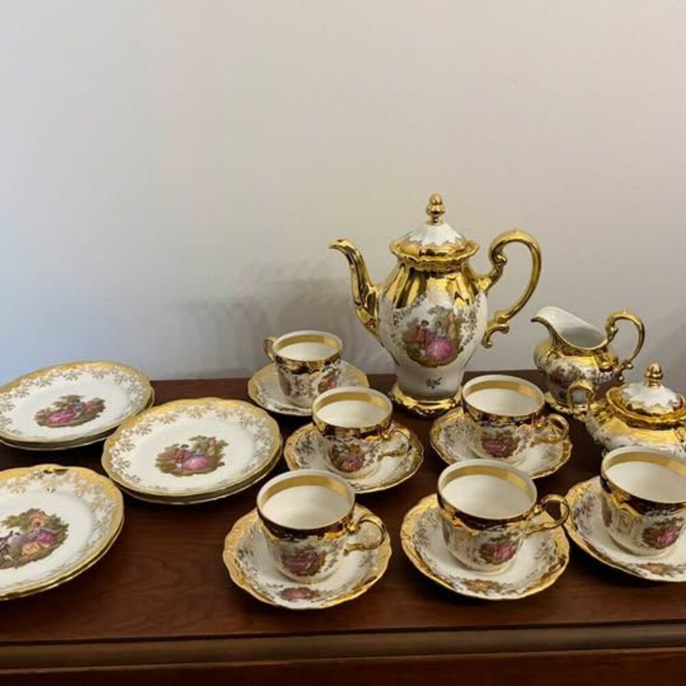 Vintage Bavarian 22K Gold Tea Set Kunst-Palette Regnitzlosau 21pc Service for 6